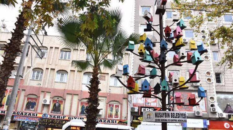 Parktaki ağaca kuşlar için rengarenk yuvalar