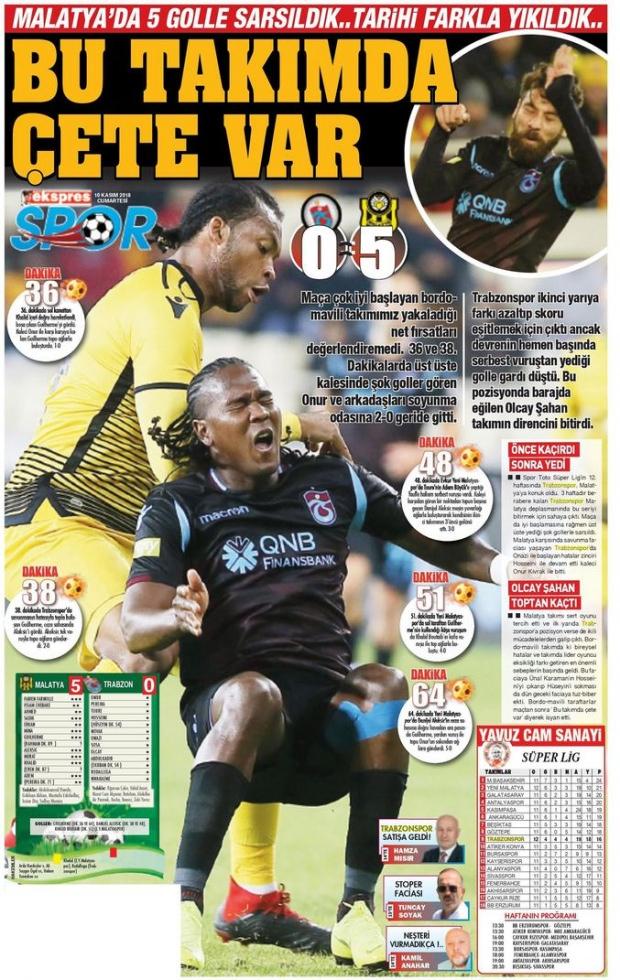 Kuzey Ekspres gazetesi, 'Bu takımda çete var', 'Malatya'da 5 golle sarsıldık, tarihi farkla yıkıldık' başlıklarıyla haberi okuyucularına aktardı.