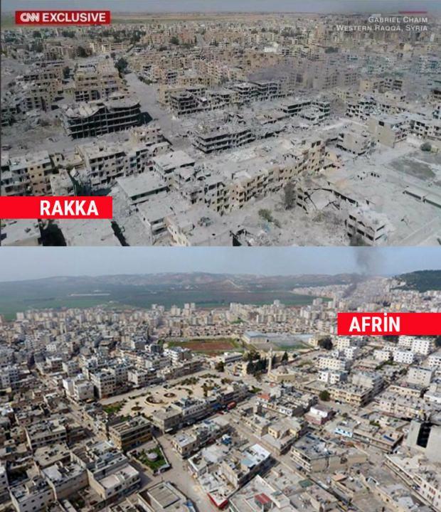 İşte Zeytin Dalı operasyonu sonrası sapa sağlam ayakta duran Afrin kenti ve ABD ile PKK/YPG'nin operasyon çektiği Rakka kenti...