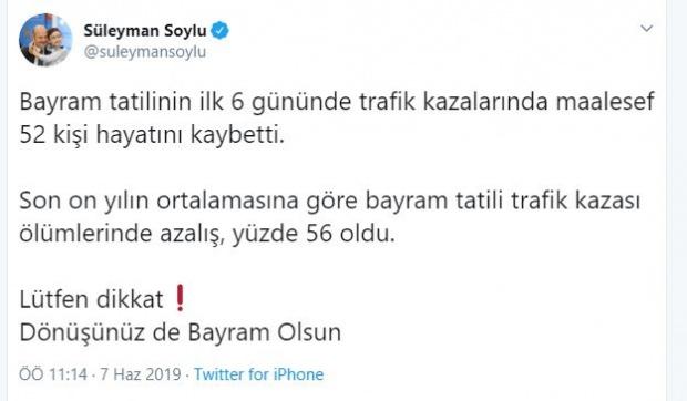 İçişleri Bakanı Süleyman Soylu, bayram tatili boyunca yaşanan trafik kazalarıyla ilgili sosyal medya hesabından açıklama yaptı.