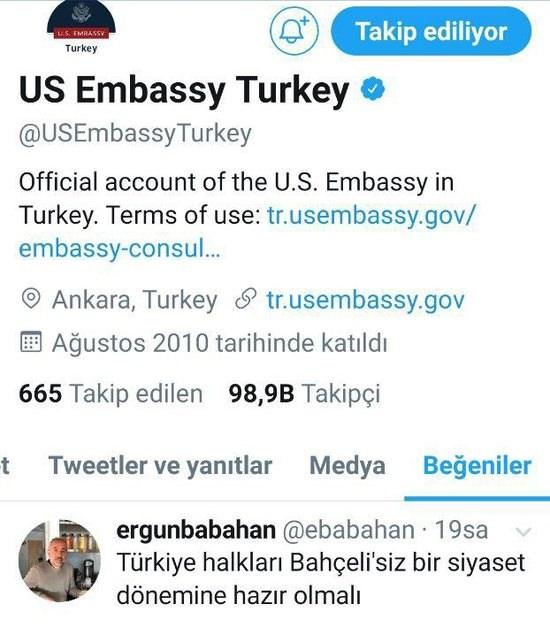 ABD Büyükelçiliği’nin twitter hesabında ‘Devlet Bahçeli’ skandalı!
