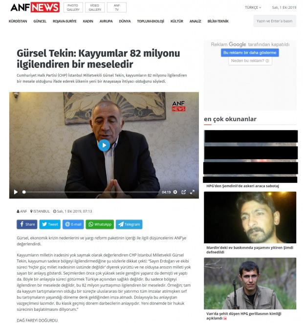 CHP'li Tekin'in verdiği demecin yayınlandığı sayfada, terör örgütü PKK'nın propaganda haberleri yer alıyor.