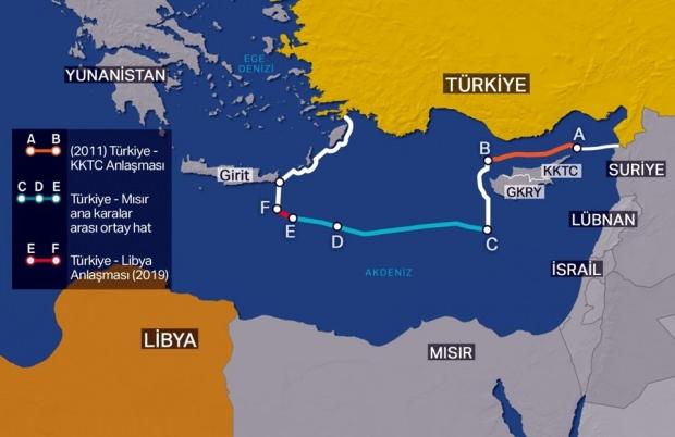 Anlaşma sonrası Türkiye'nin Doğu Akdeniz'deki kıta sahanlığı ve münhasır ekonomik bölge (MEB) sınırlarını gösteren harita 