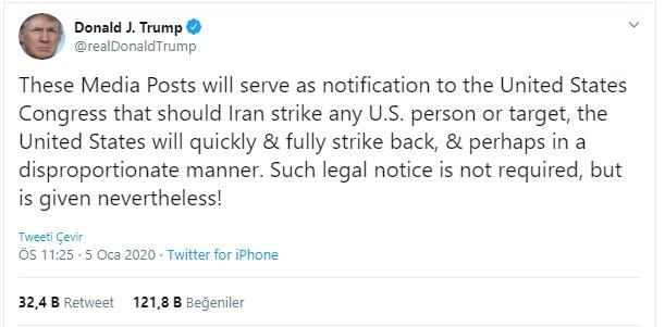 ABD Başkanı Donald Trump'ın Twitter'dan yayımladığı son dakika İran mesajı.
