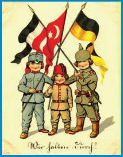 I. Cihan Harbi’nde Almanya, Avusturya ve Türkiye ittifakını sembolize eden bir propaganda kartpostalı. Altında 'Pes etmeyiz' yazıyor.
