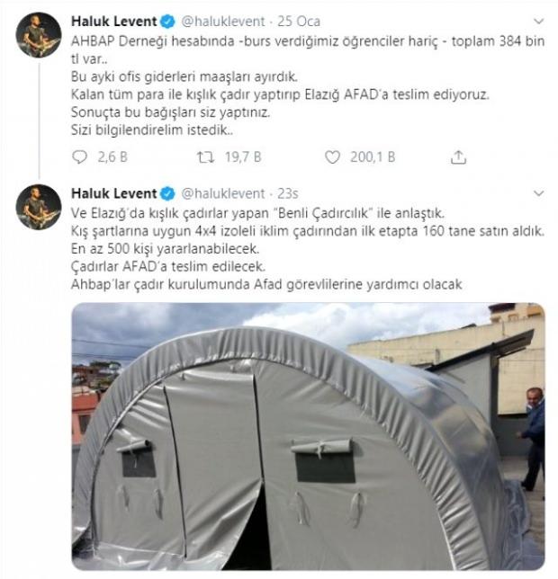 Haluk Levent "En az 500 kişi faydalanacak" demişti: Depremzedelere 160 adet büyük çadır yardımı