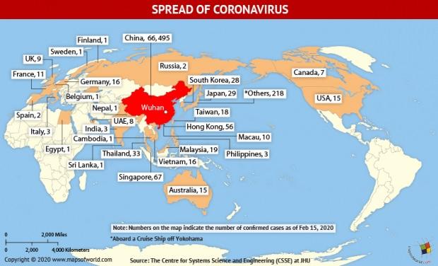 15 Şubat itibariyle virüsün görüldüğü ülkeler...