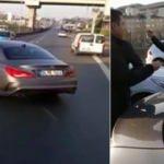 E-5'te otobüsün önünü kesti, yolu trafiğe kapattı