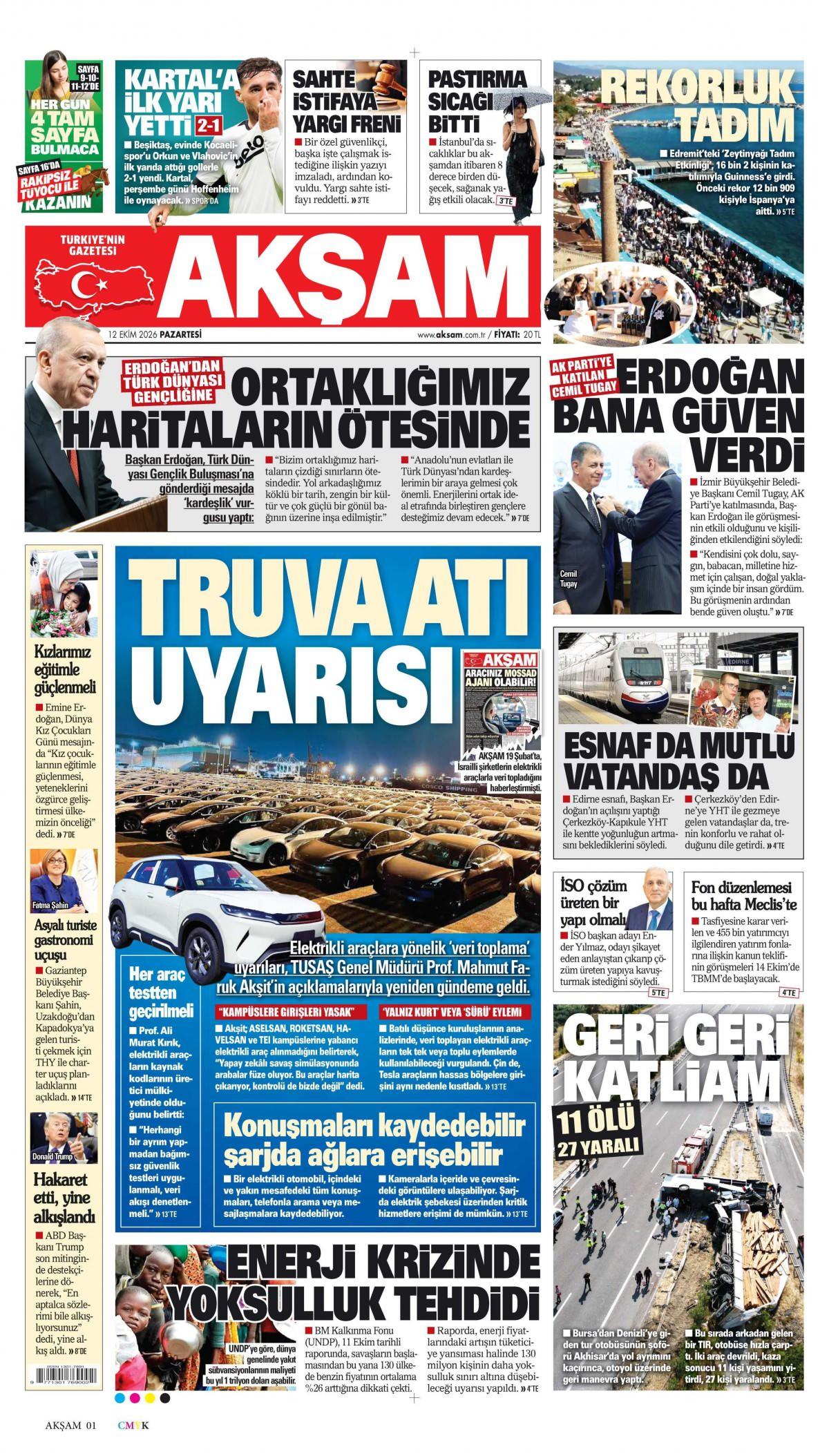 Akşam Gazetesi 1. Sayfa Manşeti