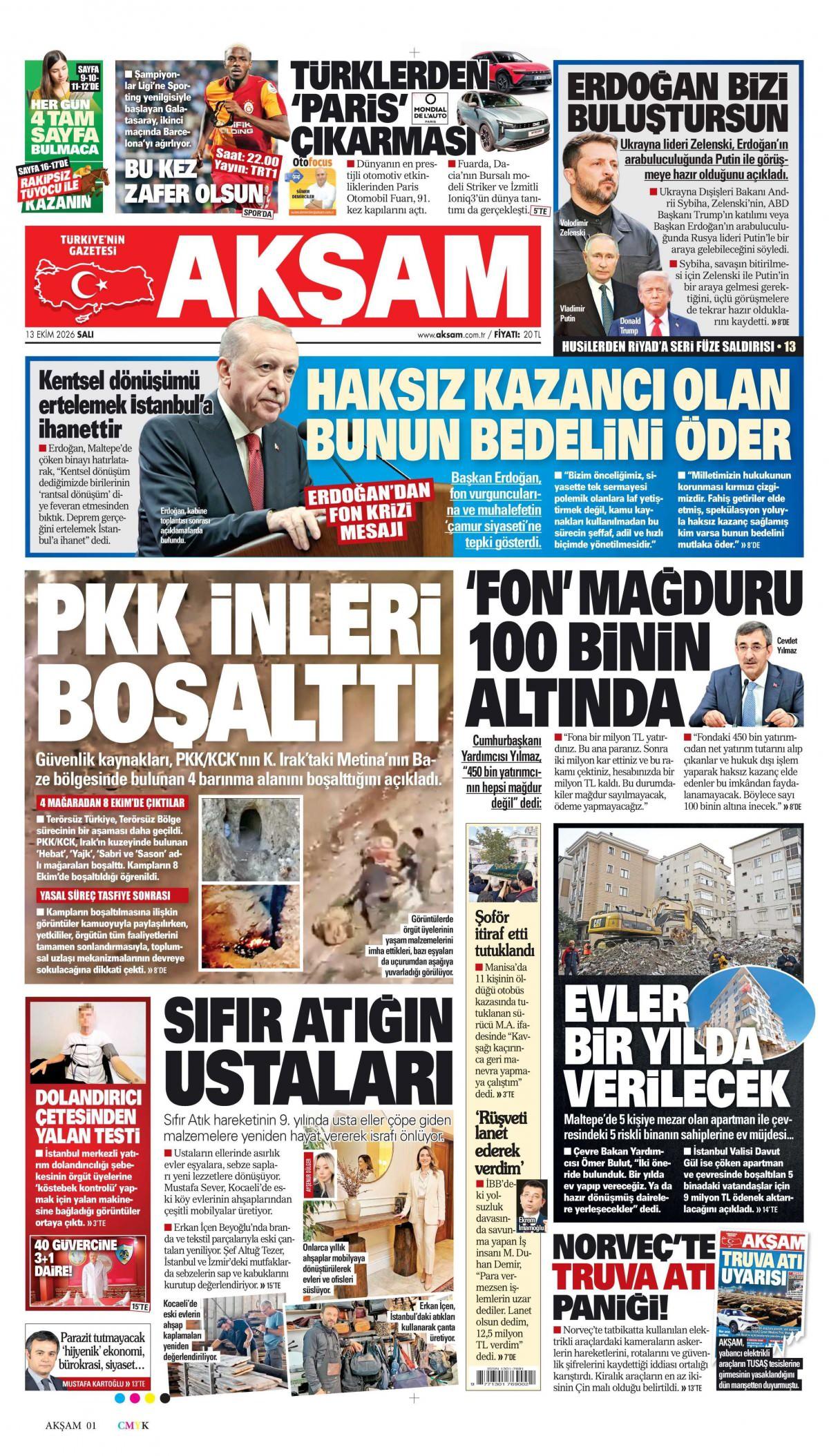 Akşam Gazetesi 1. Sayfa Manşeti