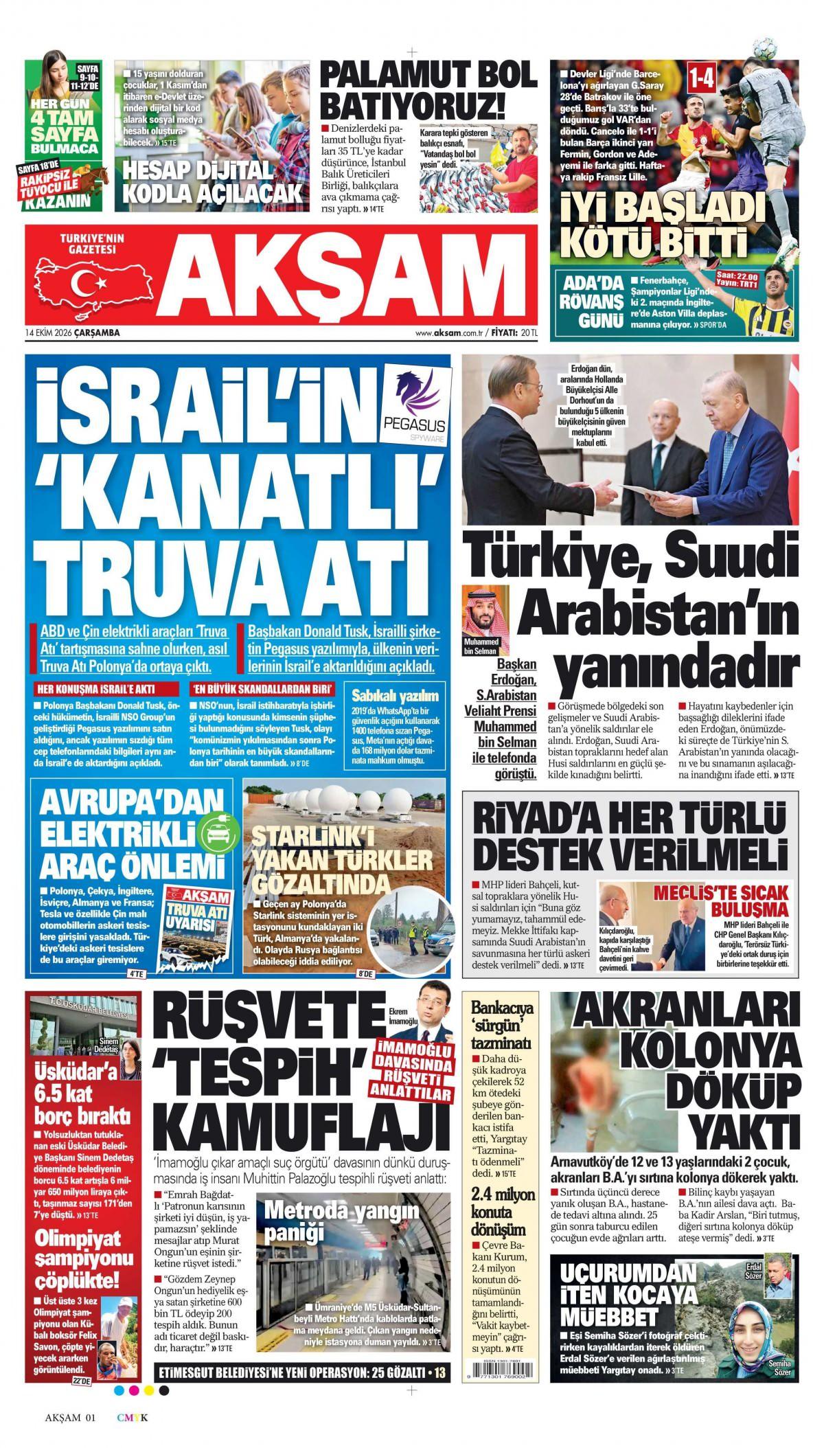 Akşam Gazetesi 1. Sayfa Manşeti