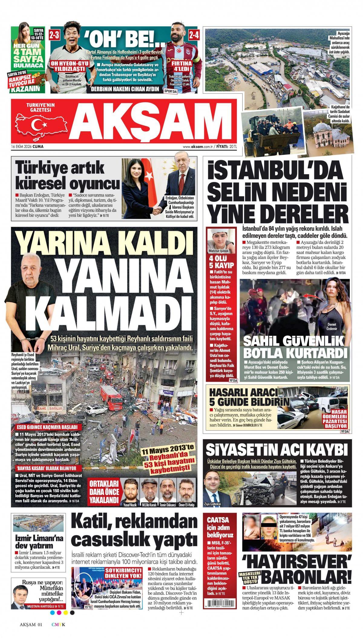 Akşam Gazetesi 1. Sayfa Manşeti