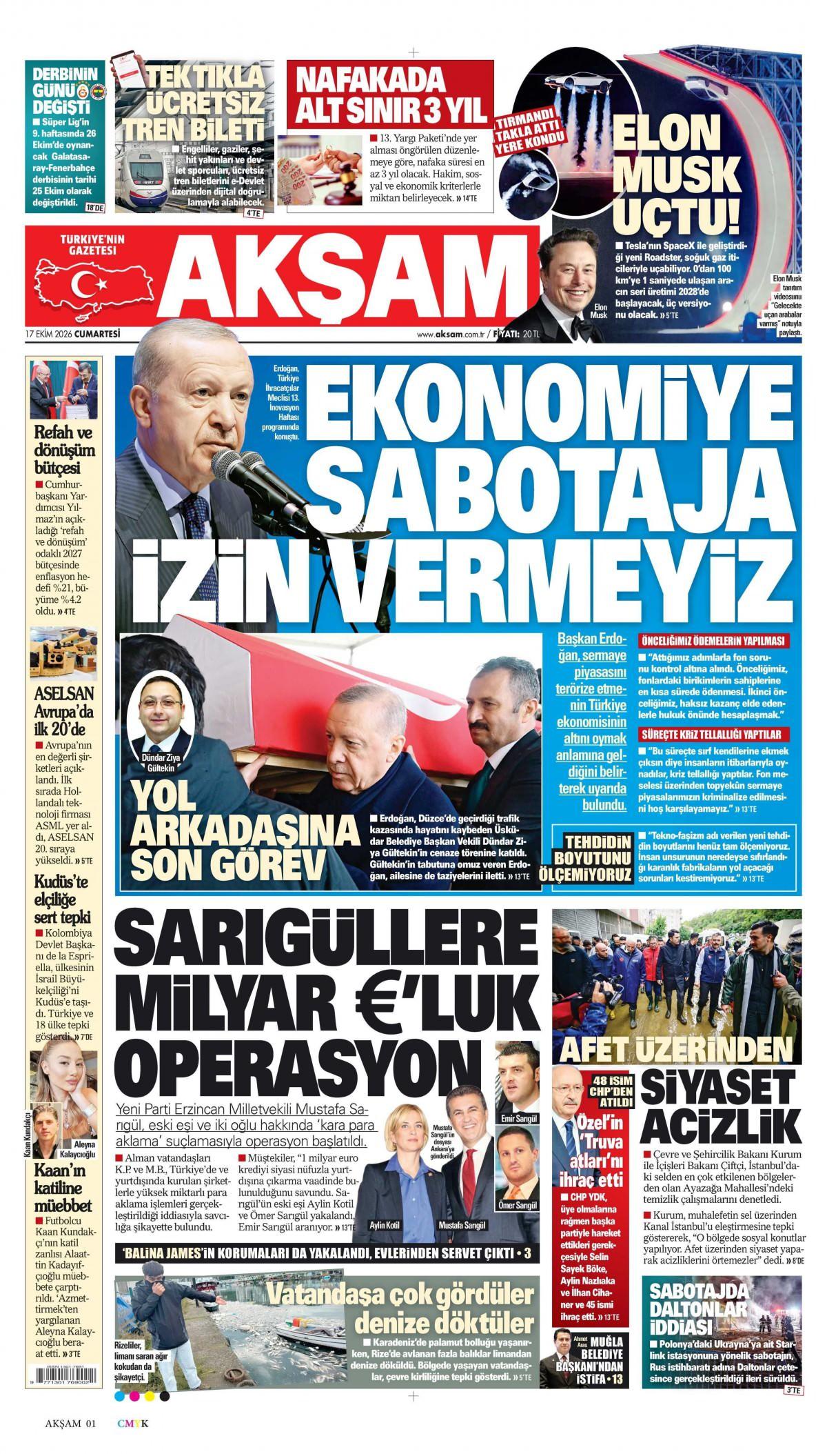 Akşam Gazetesi 1. Sayfa Manşeti