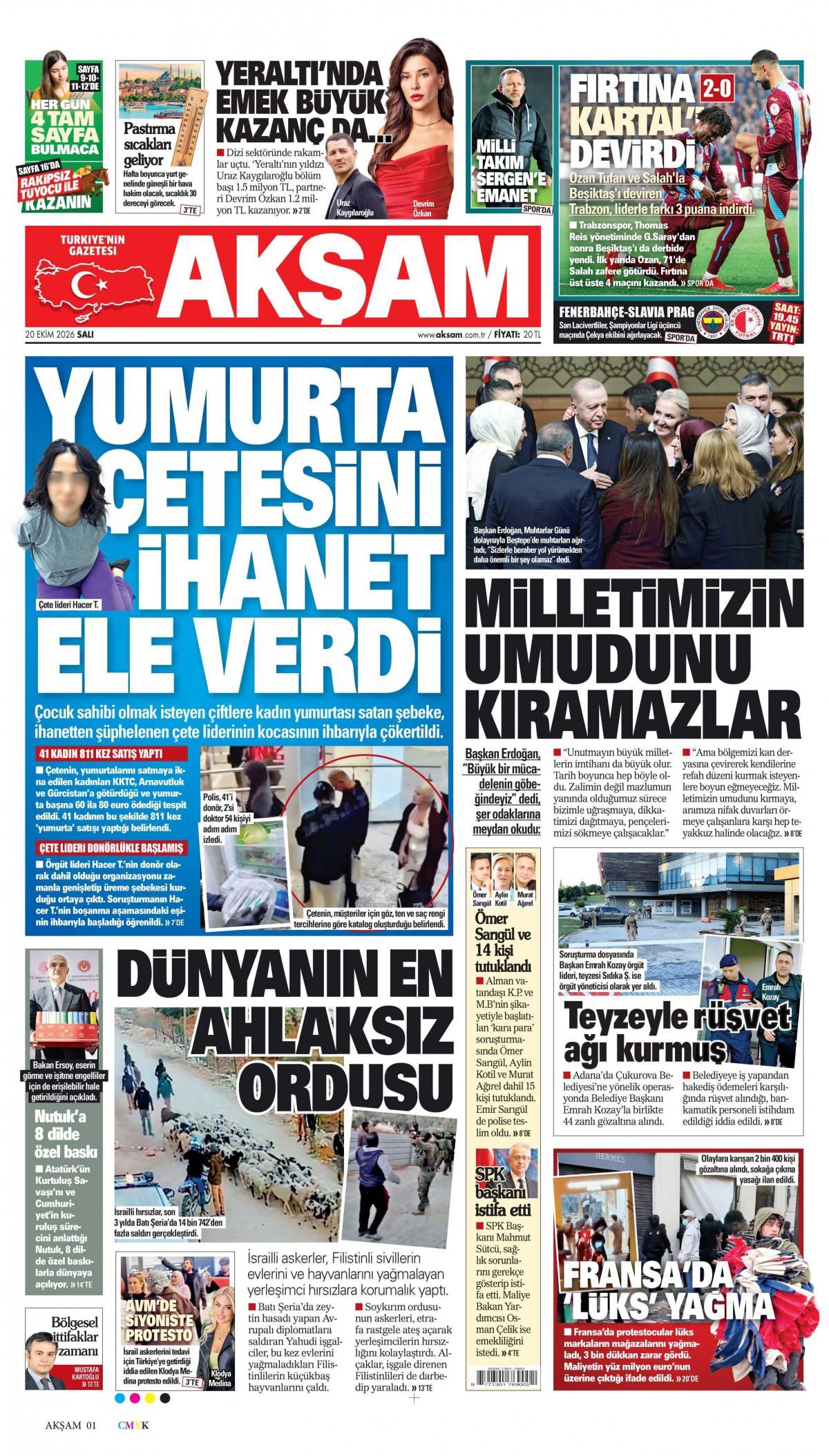 Akşam Gazetesi 1. Sayfa Manşeti