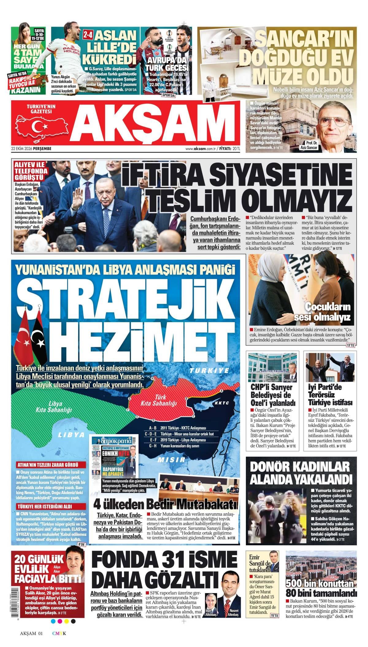 Akşam Gazetesi 1. Sayfa Manşeti