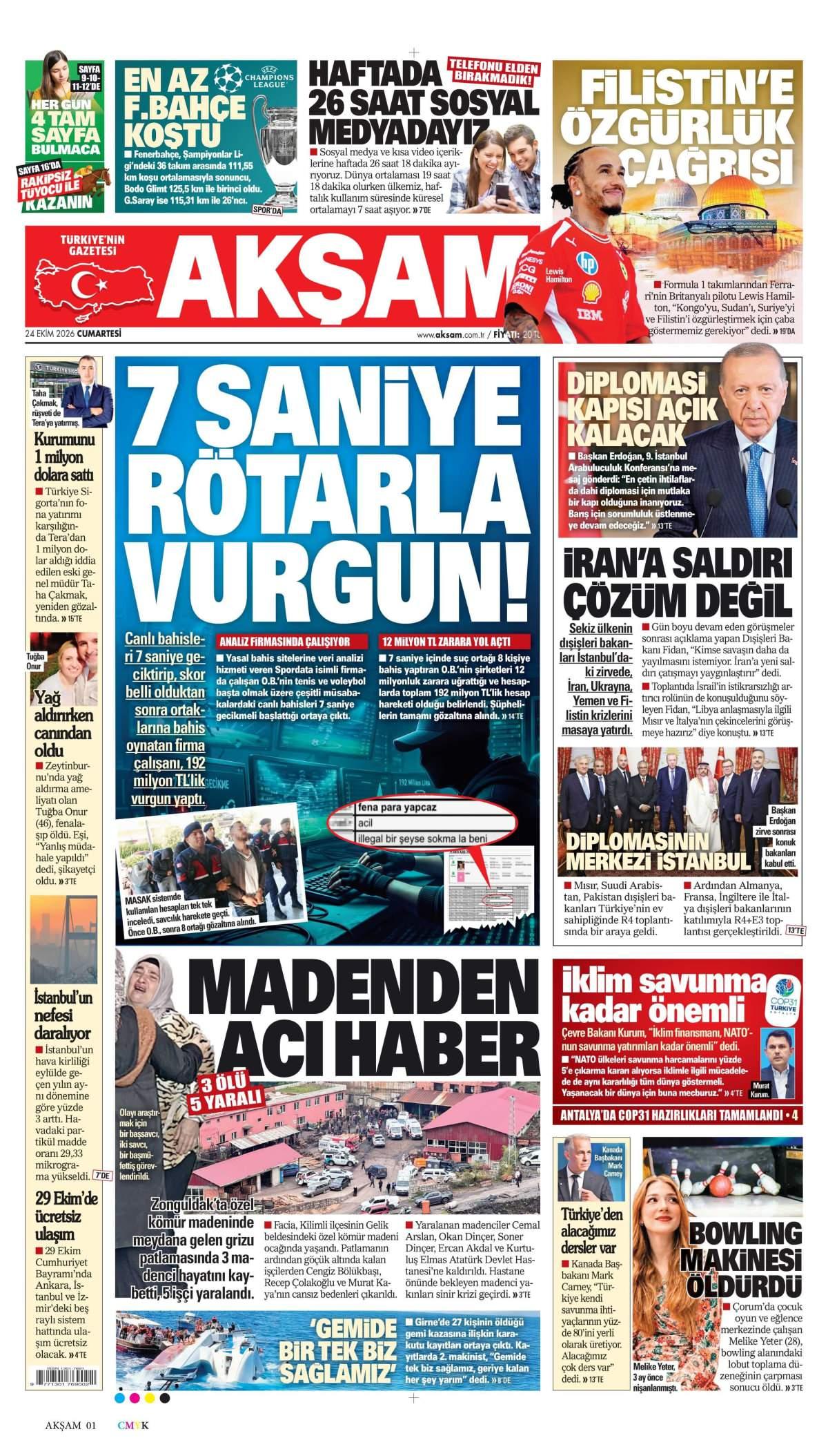 Akşam Gazetesi 1. Sayfa Manşeti