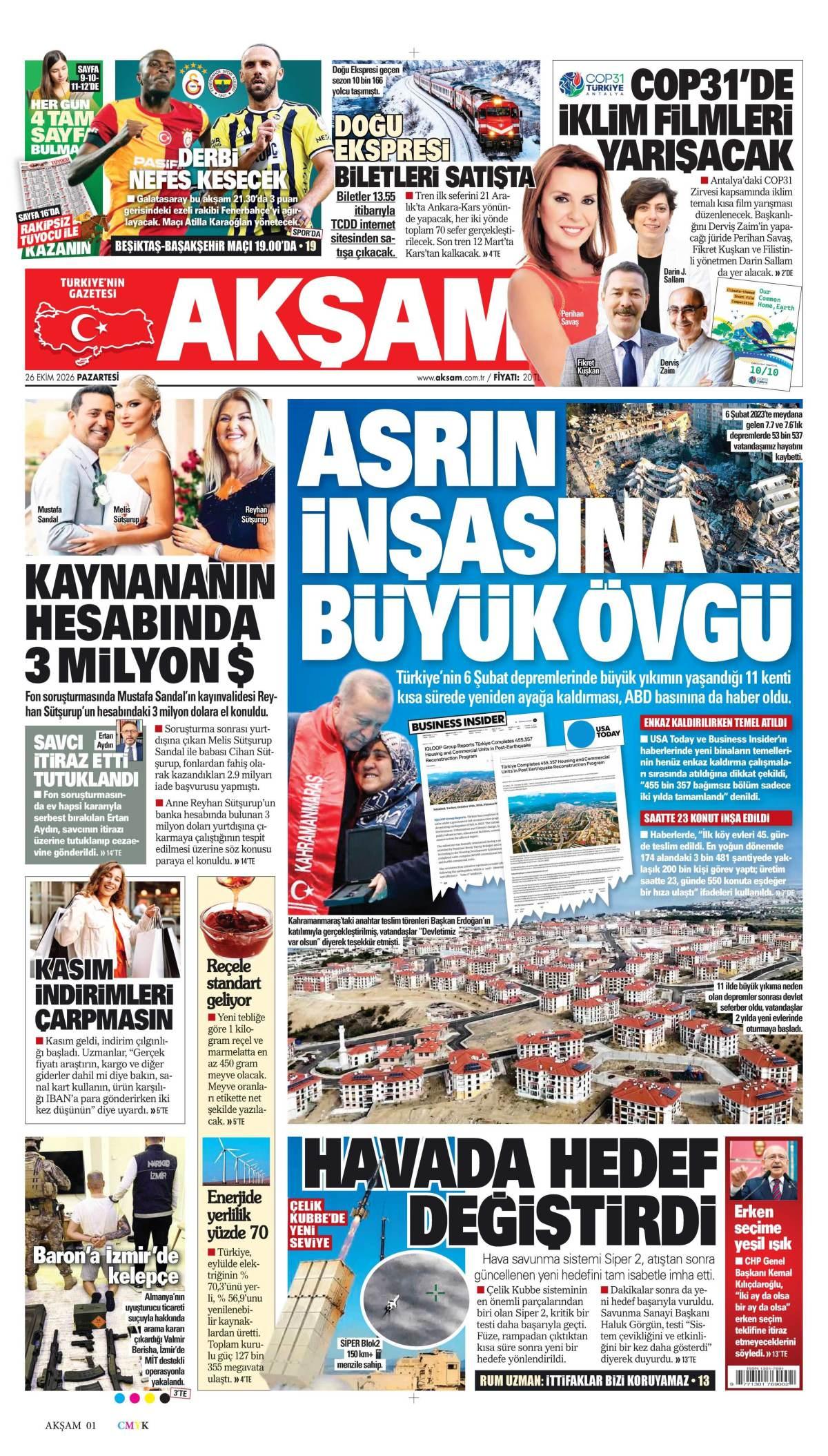 Akşam Gazetesi 1. Sayfa Manşeti