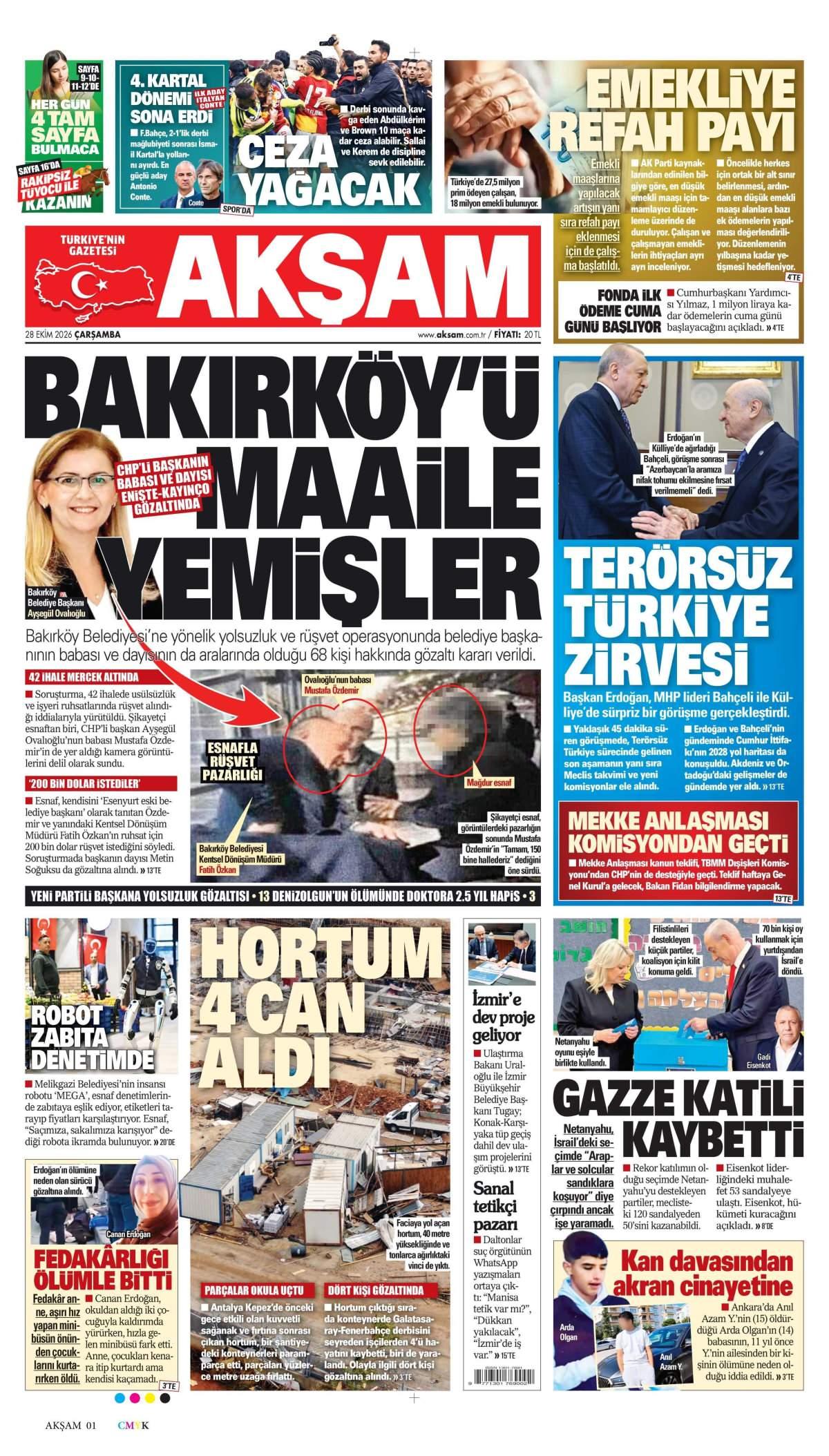 Akşam Gazetesi 1. Sayfa Manşeti