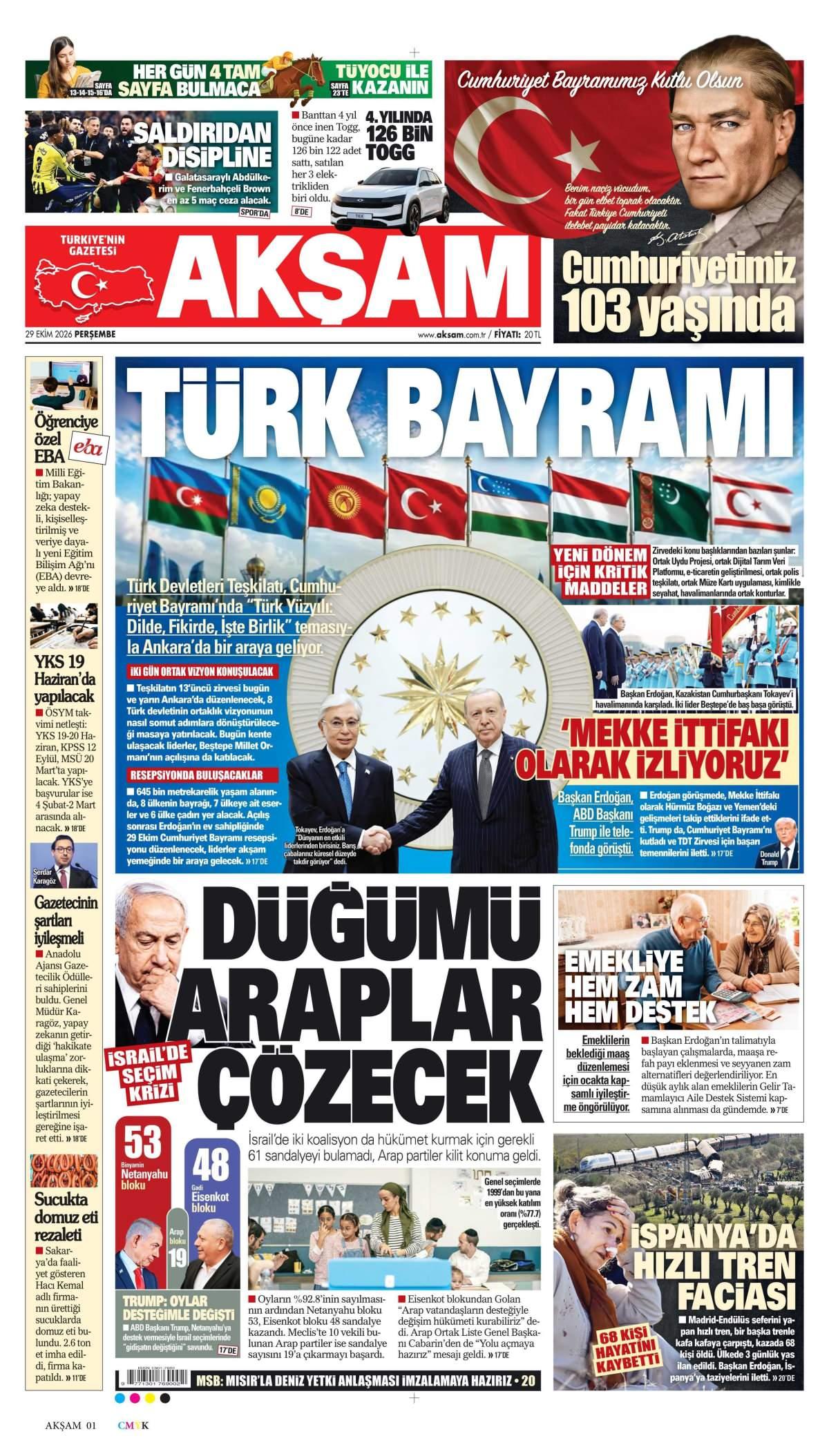 Akşam Gazetesi 1. Sayfa Manşeti