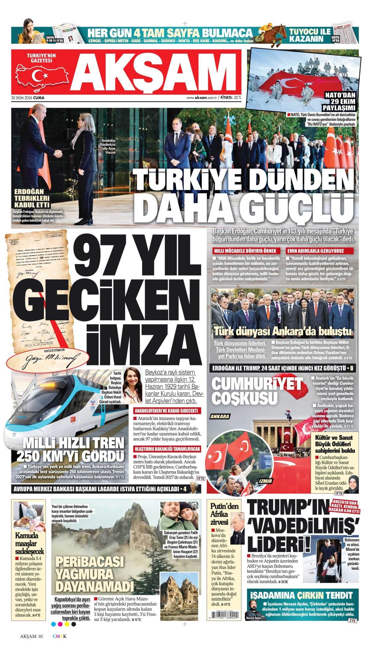 Akşam Gazetesi 1. Sayfa Manşeti