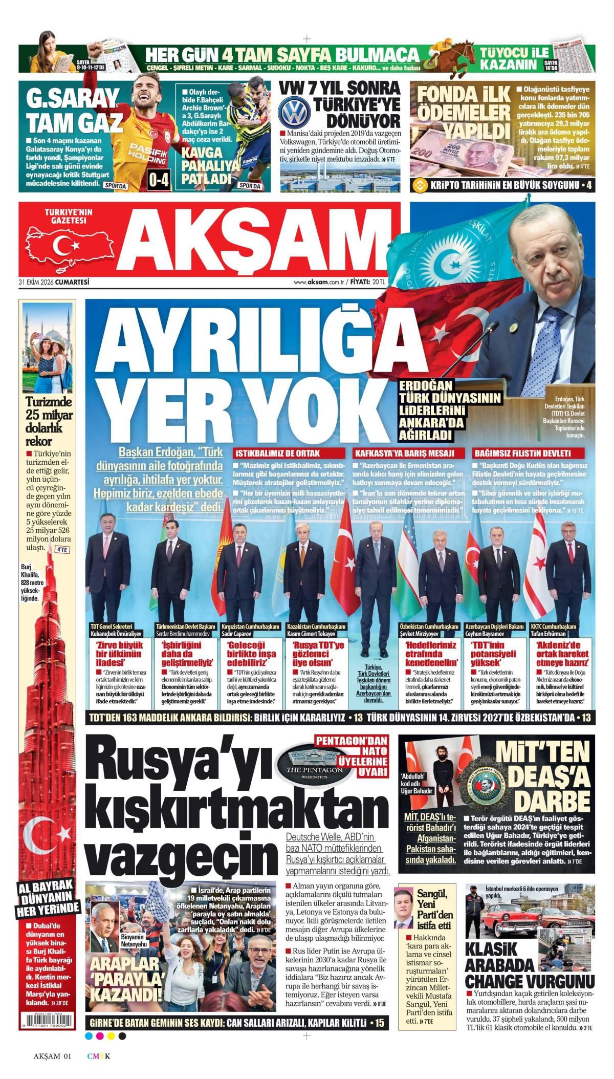 Akşam Gazetesi 1. Sayfa Manşeti