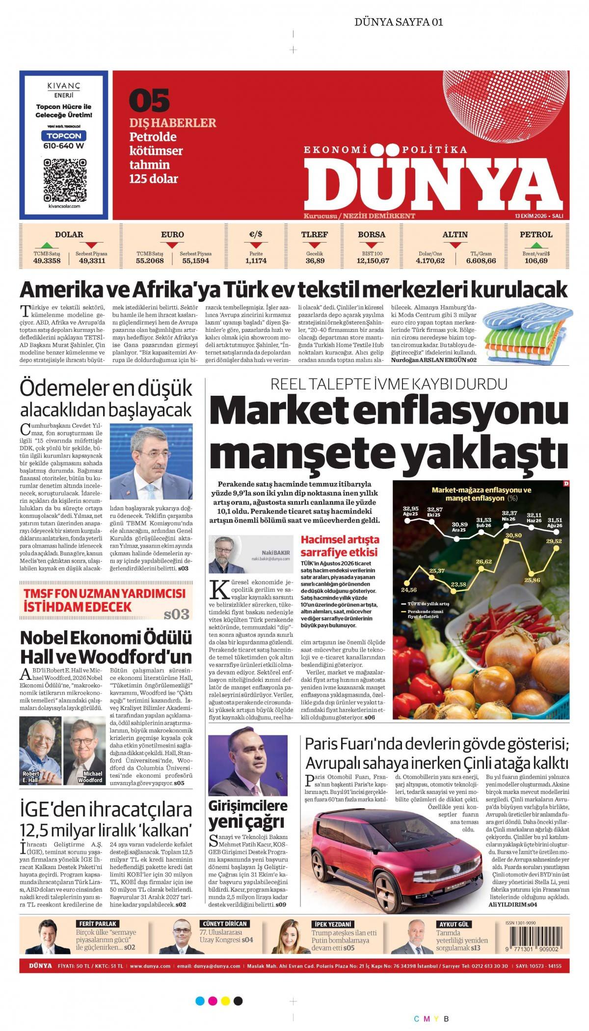 Dünya Gazetesi 1. Sayfa Manşeti