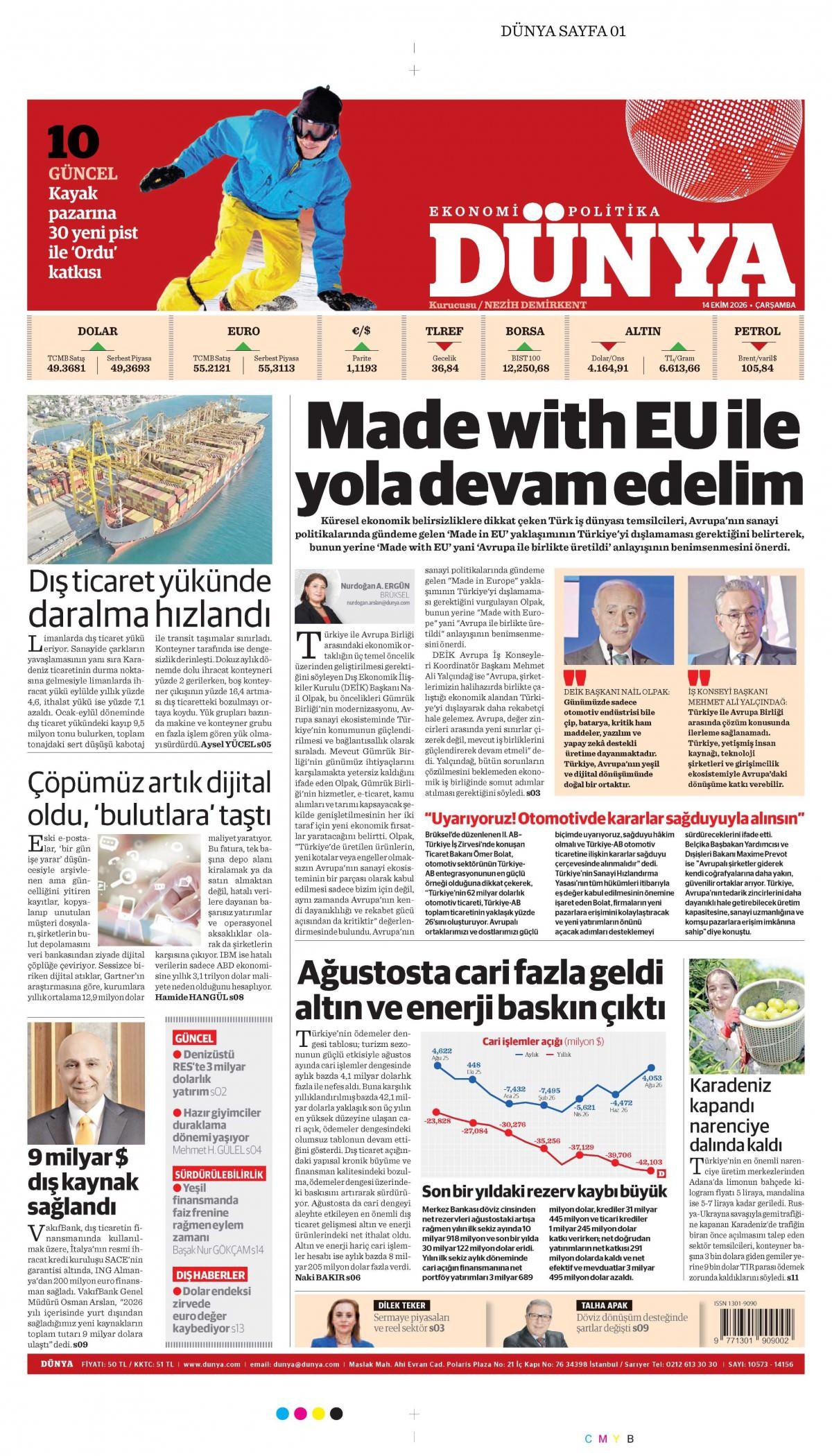 Dünya Gazetesi 1. Sayfa Manşeti