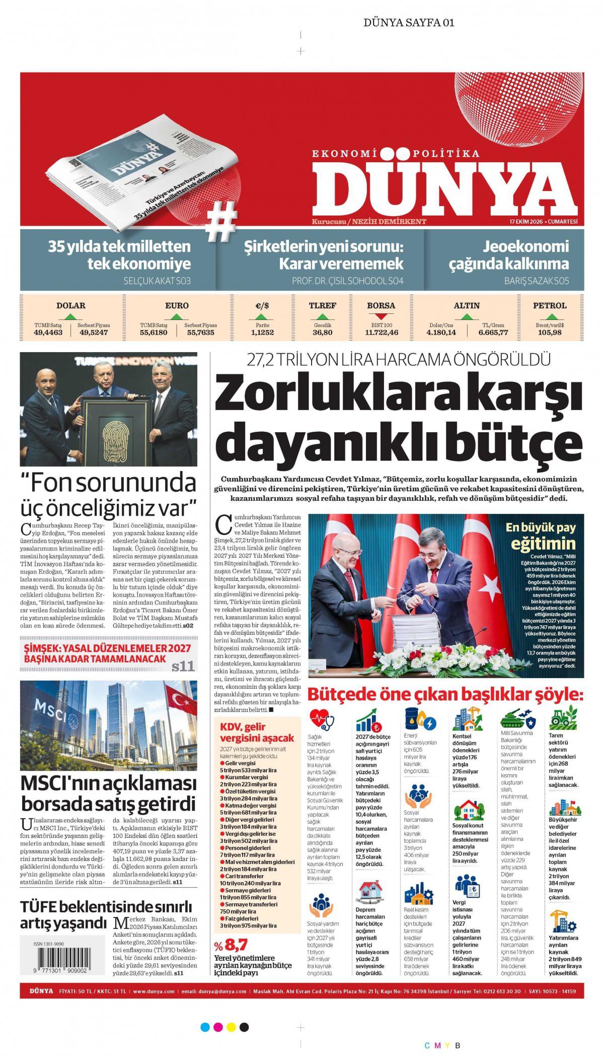 Dünya Gazetesi 1. Sayfa Manşeti