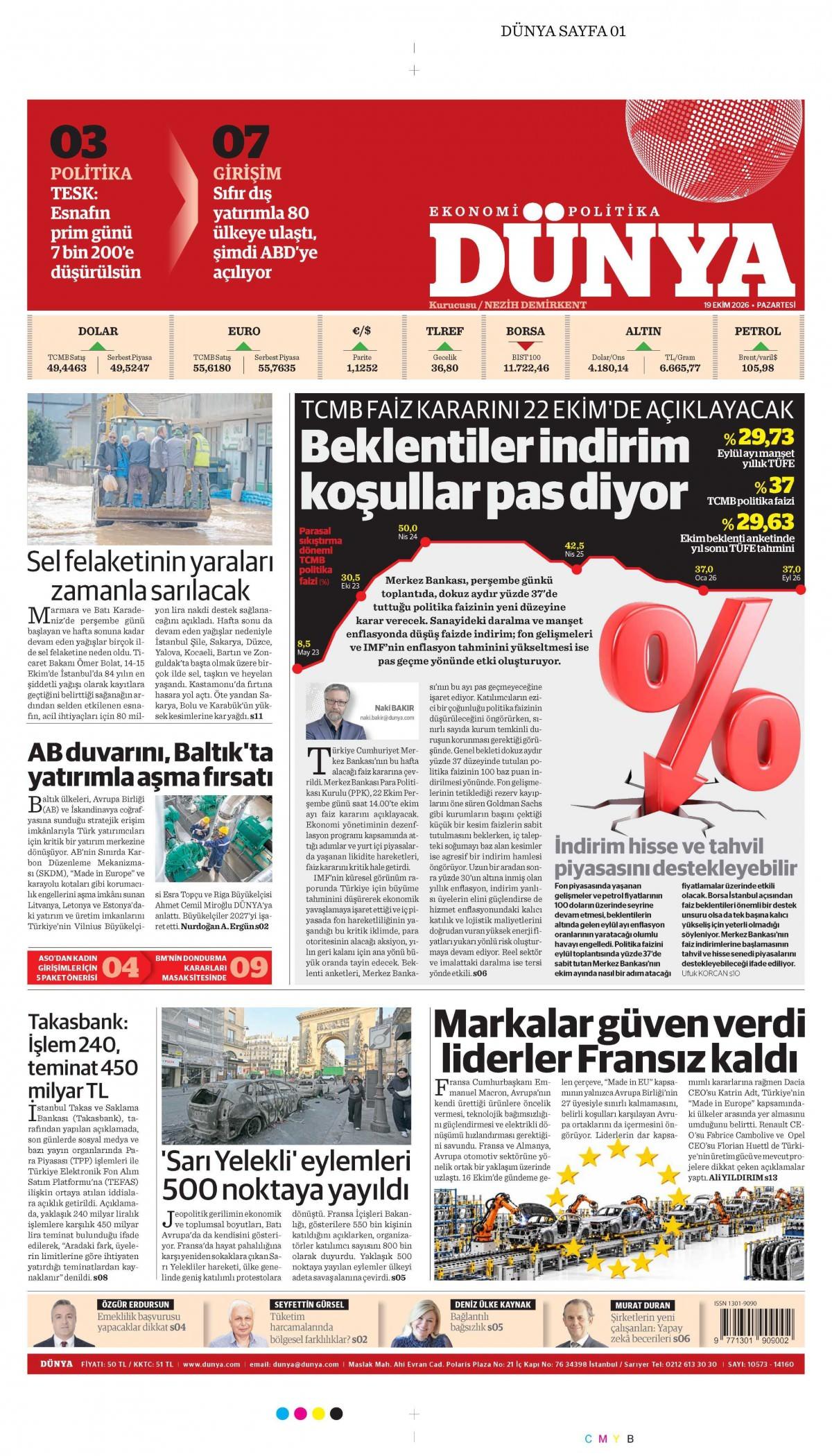 Dünya Gazetesi 1. Sayfa Manşeti