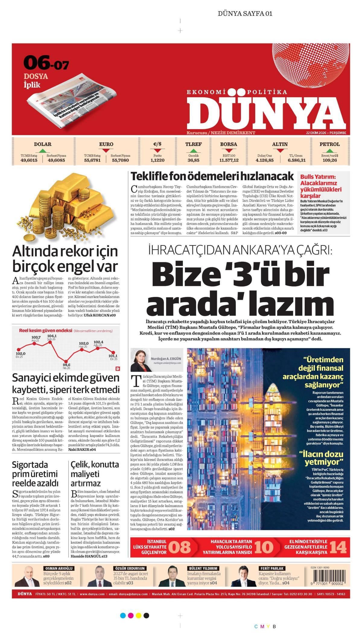 Dünya Gazetesi 1. Sayfa Manşeti