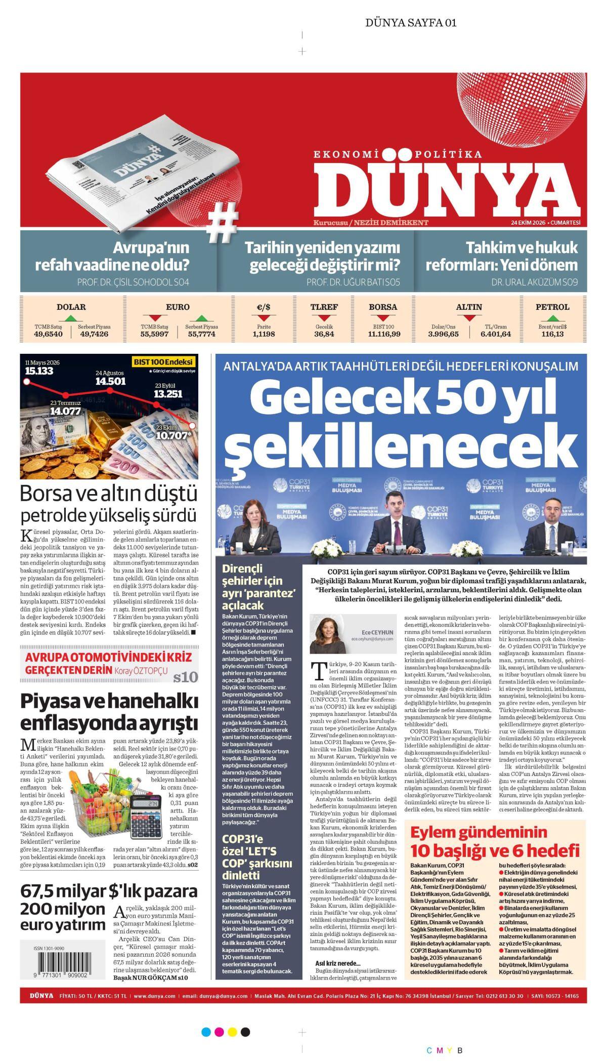 Dünya Gazetesi 1. Sayfa Manşeti