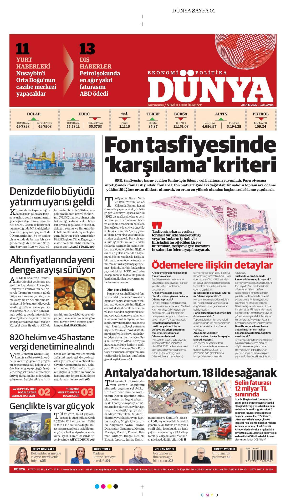 Dünya Gazetesi 1. Sayfa Manşeti