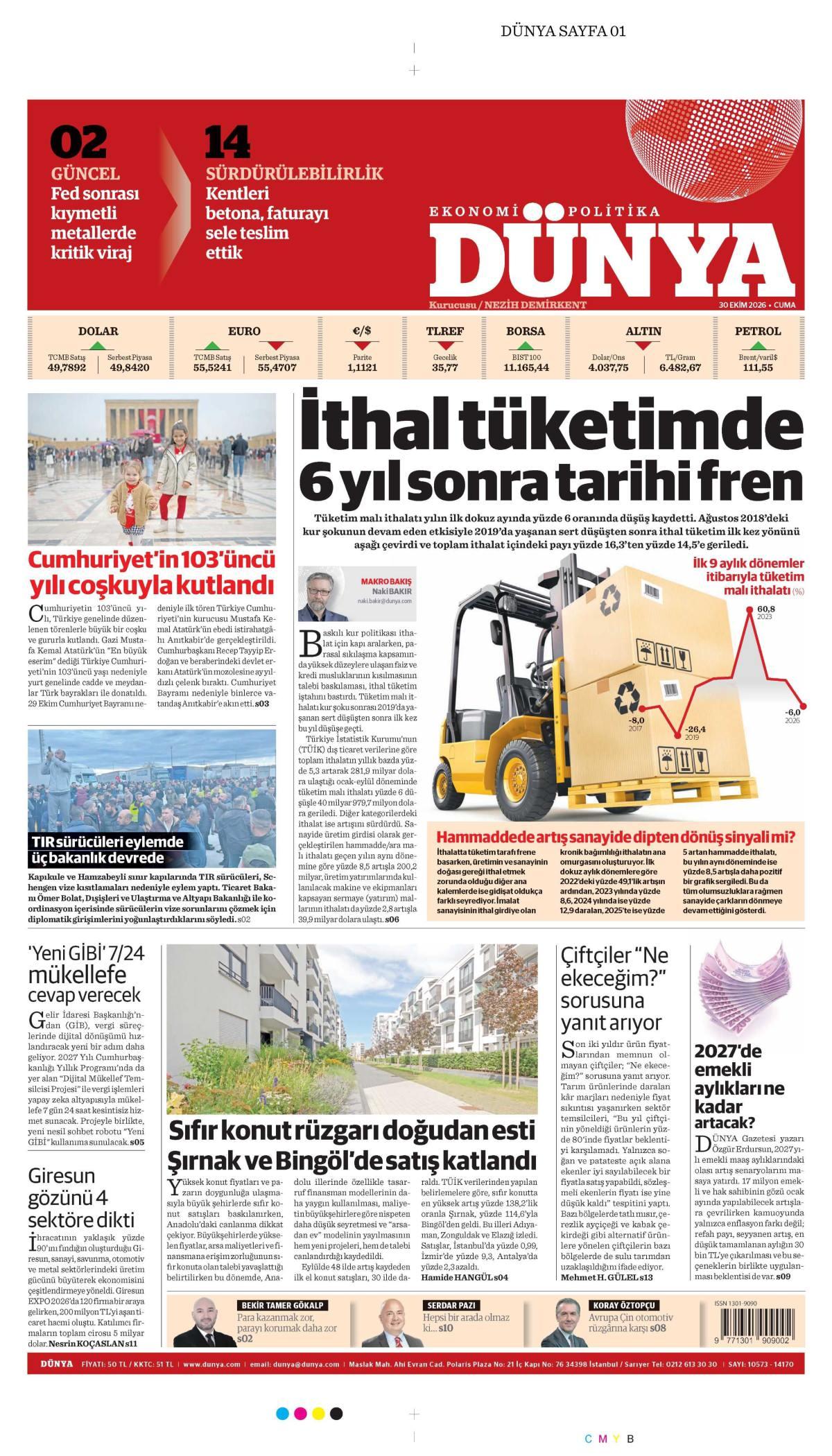 Dünya Gazetesi 1. Sayfa Manşeti