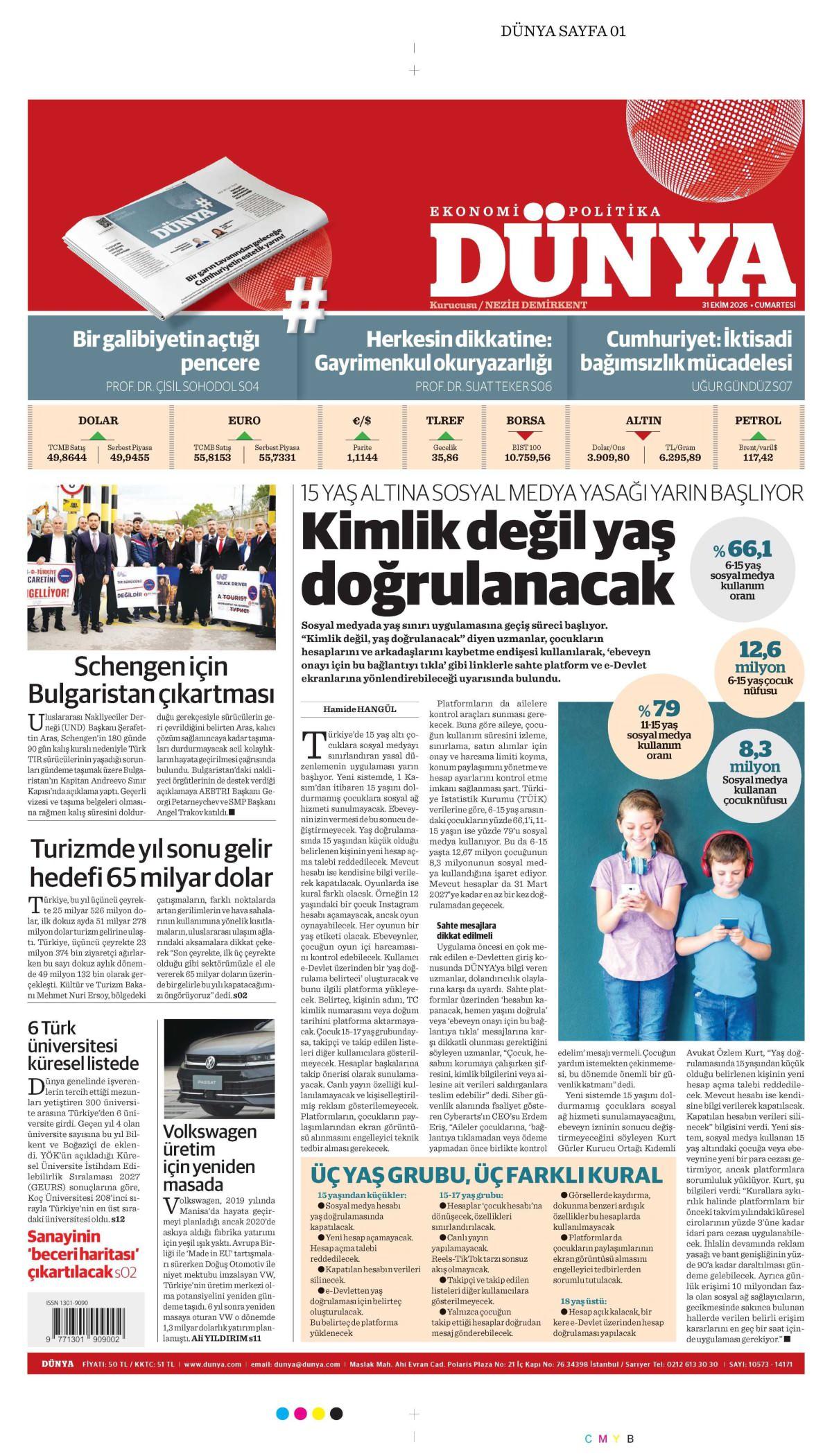 Dünya Gazetesi 1. Sayfa Manşeti