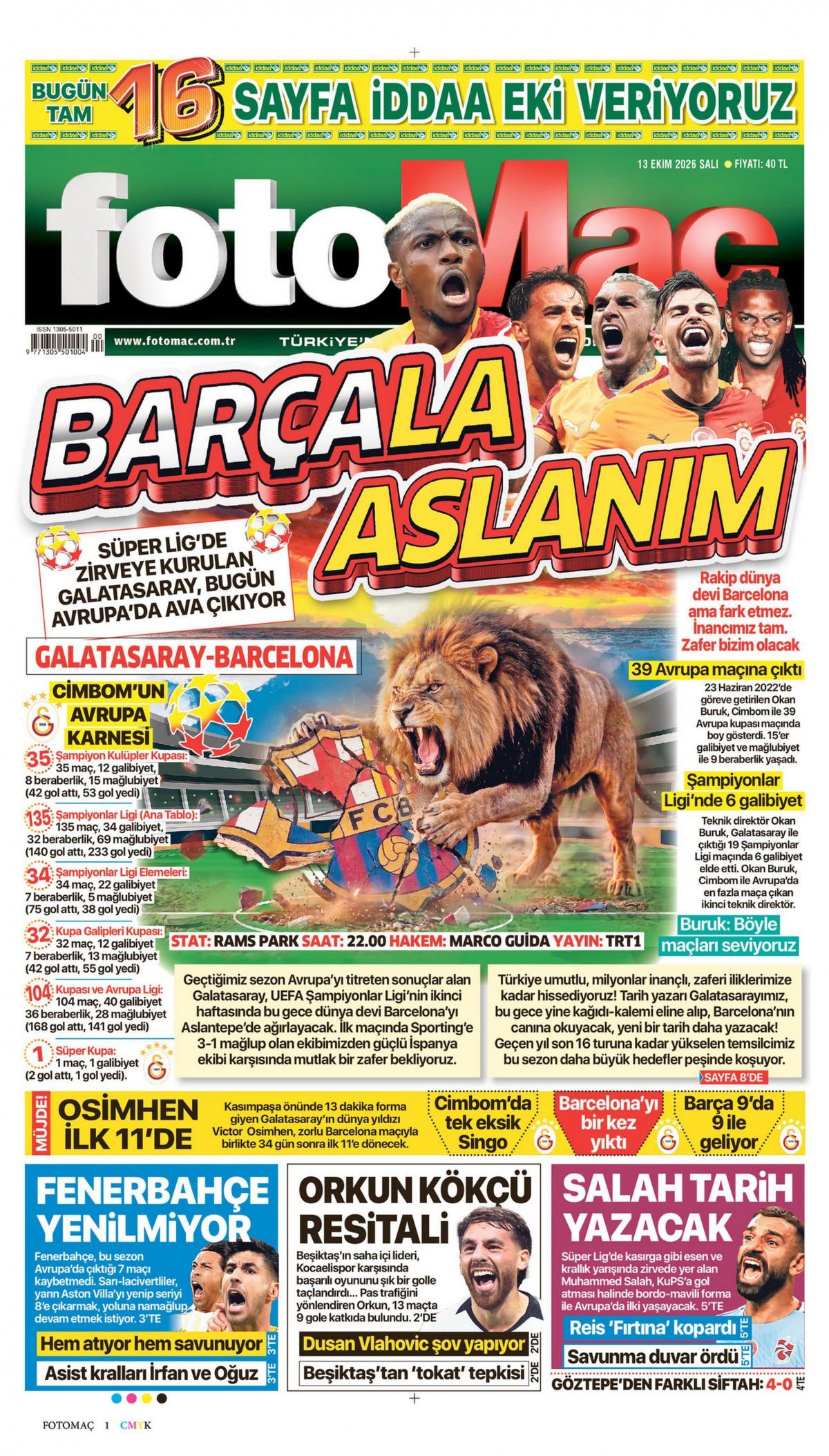 Fotomaç Gazetesi 1. Sayfa Manşeti