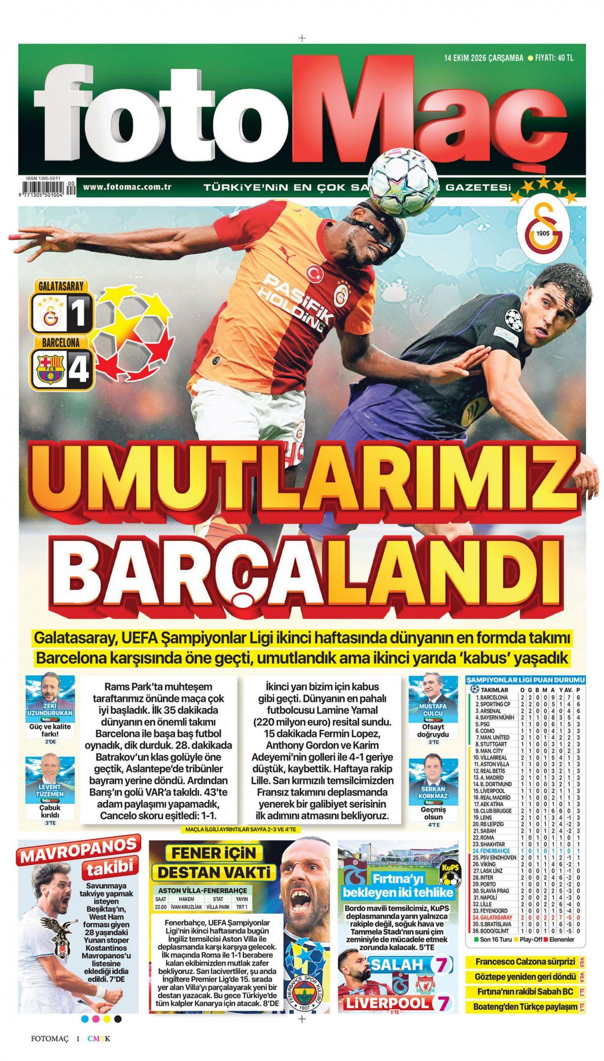 Fotomaç Gazetesi 1. Sayfa Manşeti