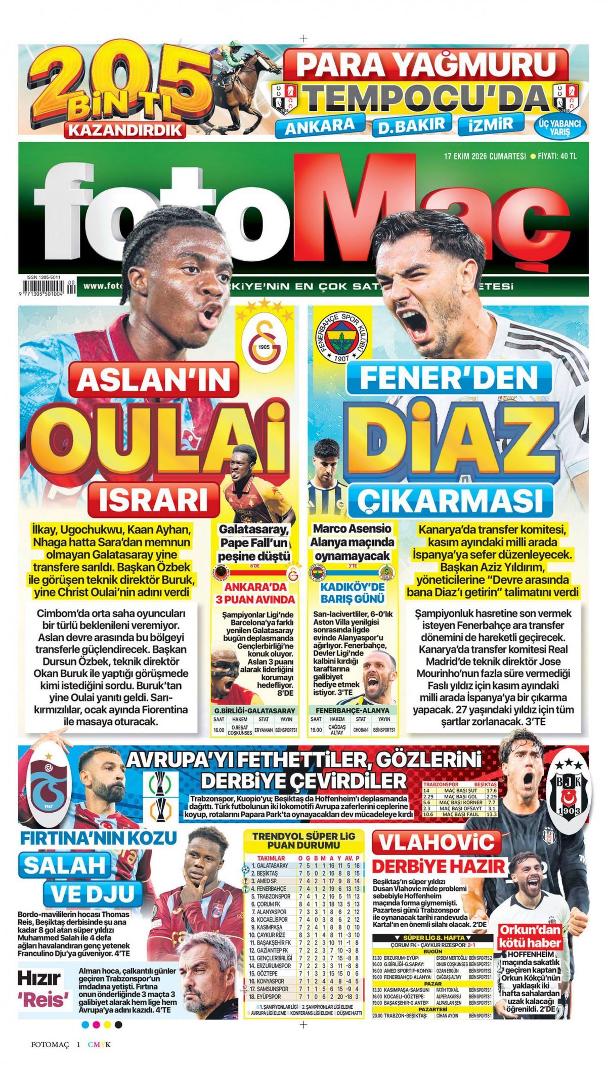 Fotomaç Gazetesi 1. Sayfa Manşeti