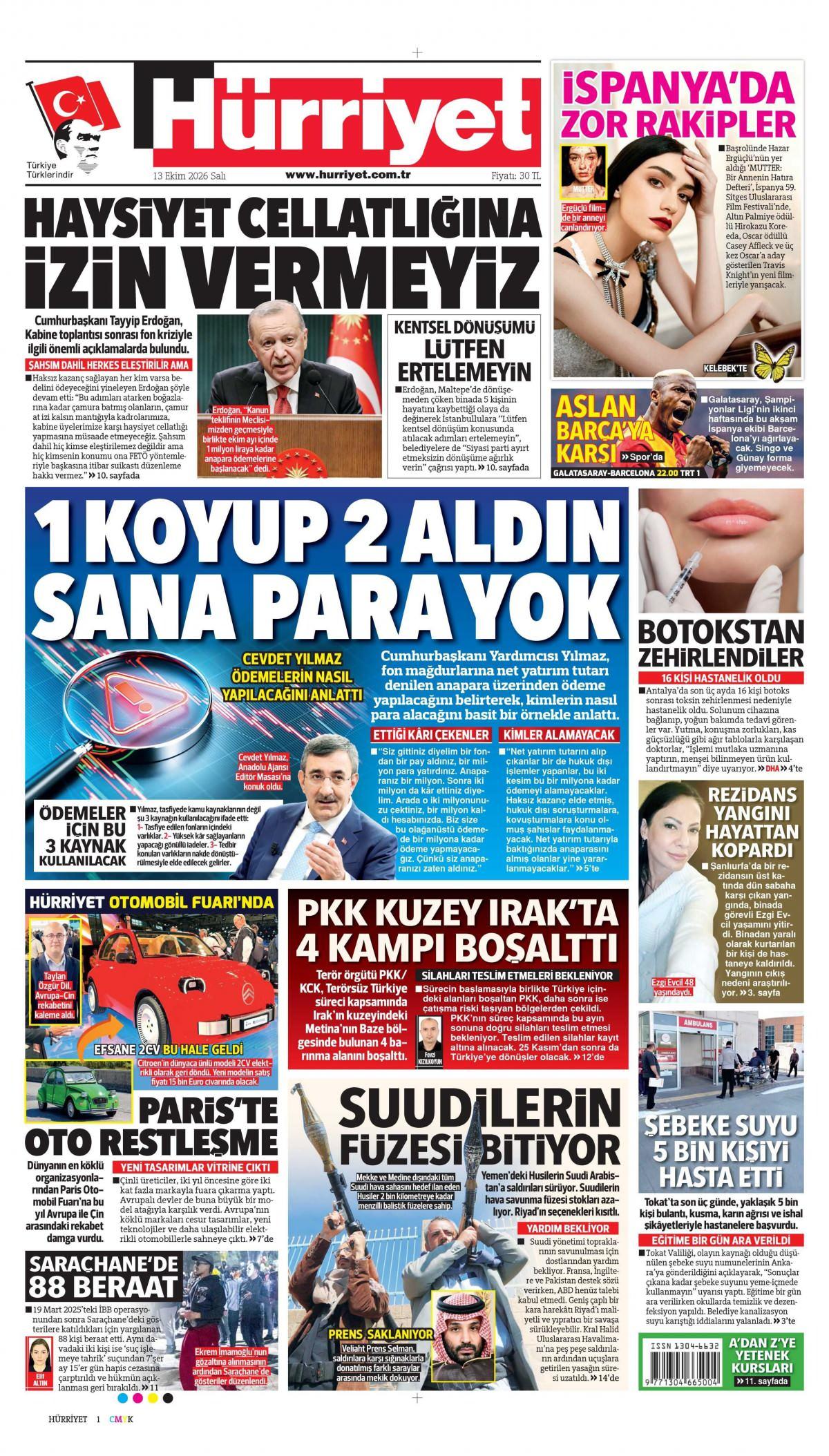 Hürriyet Gazetesi 1. Sayfa Manşeti