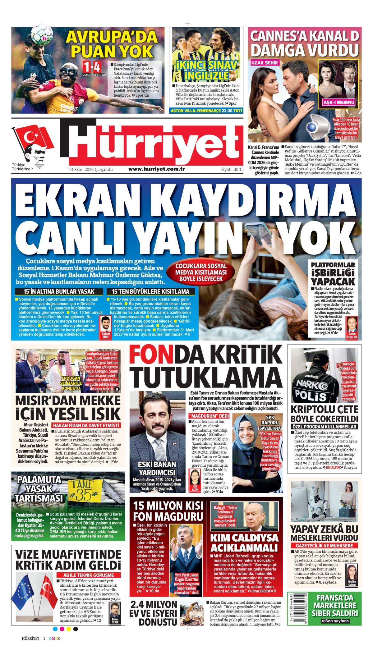 Hürriyet Gazetesi 1. Sayfa Manşeti