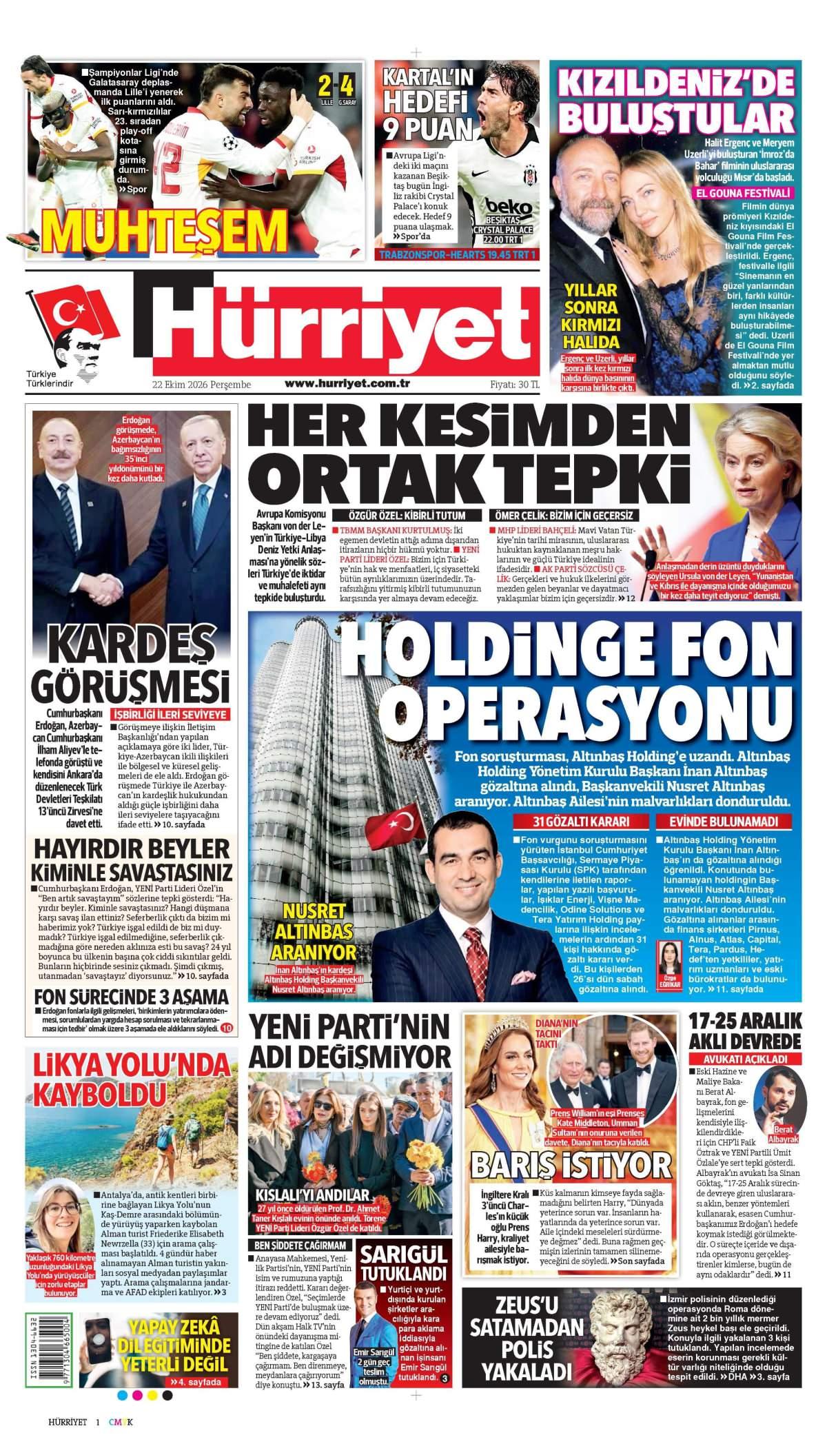 Hürriyet Gazetesi 1. Sayfa Manşeti