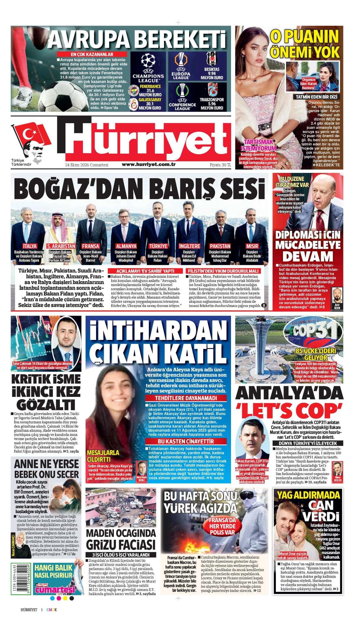 Hürriyet Gazetesi 1. Sayfa Manşeti