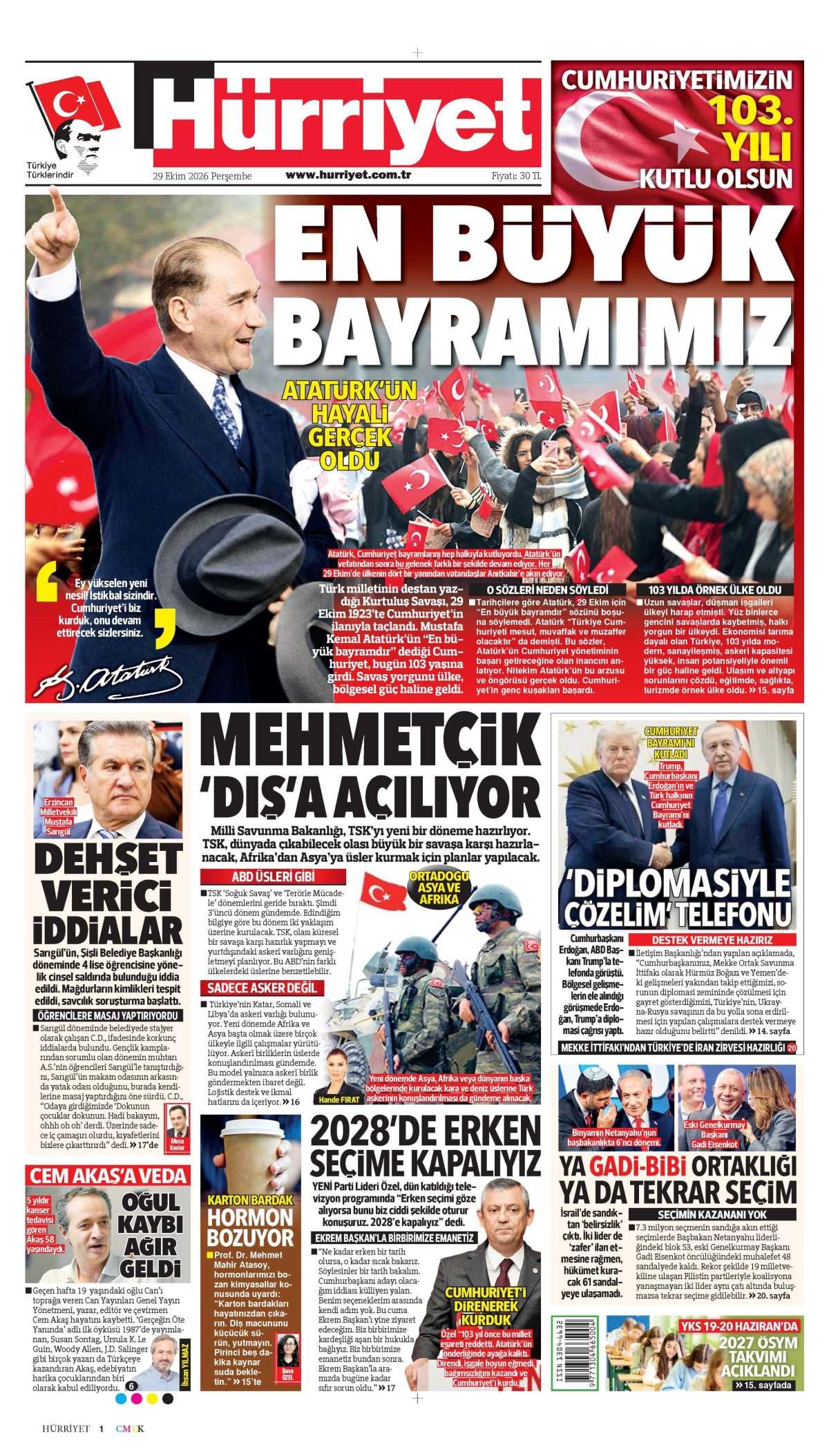 Hürriyet Gazetesi 1. Sayfa Manşeti