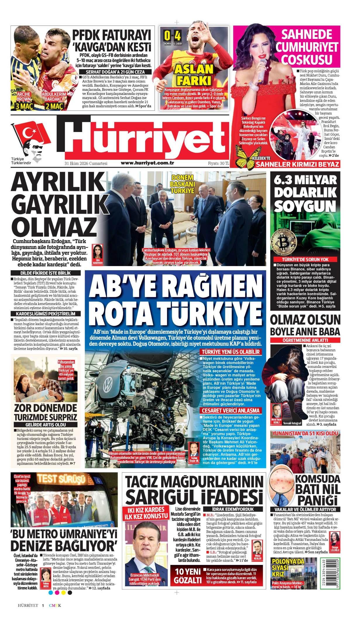 Hürriyet Gazetesi 1. Sayfa Manşeti