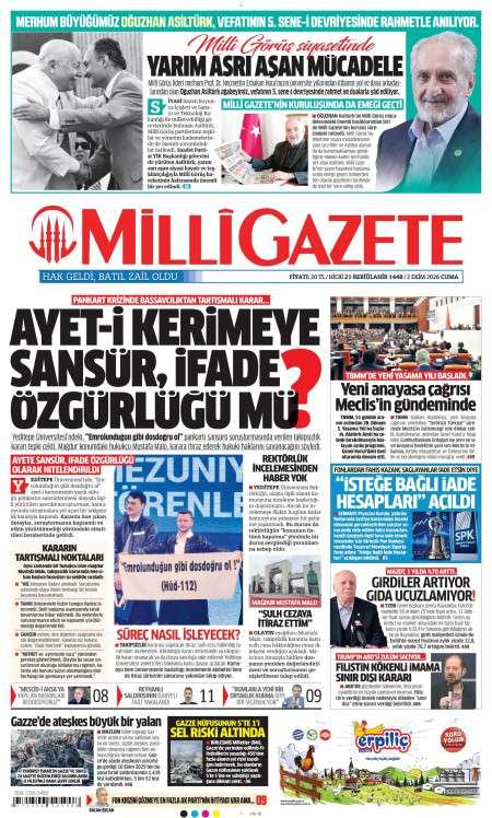 Milli Gazete bugünkü kapak