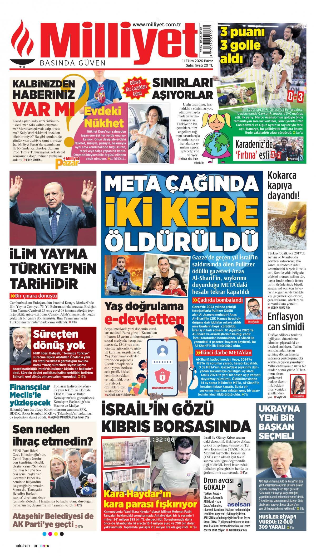 Milliyet Gazetesi 1. Sayfa Manşeti