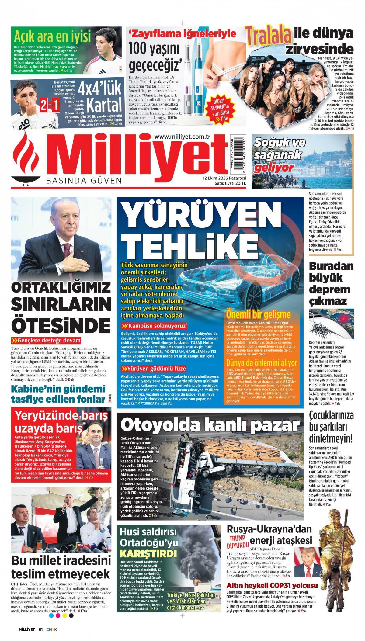 Milliyet Gazetesi 1. Sayfa Manşeti