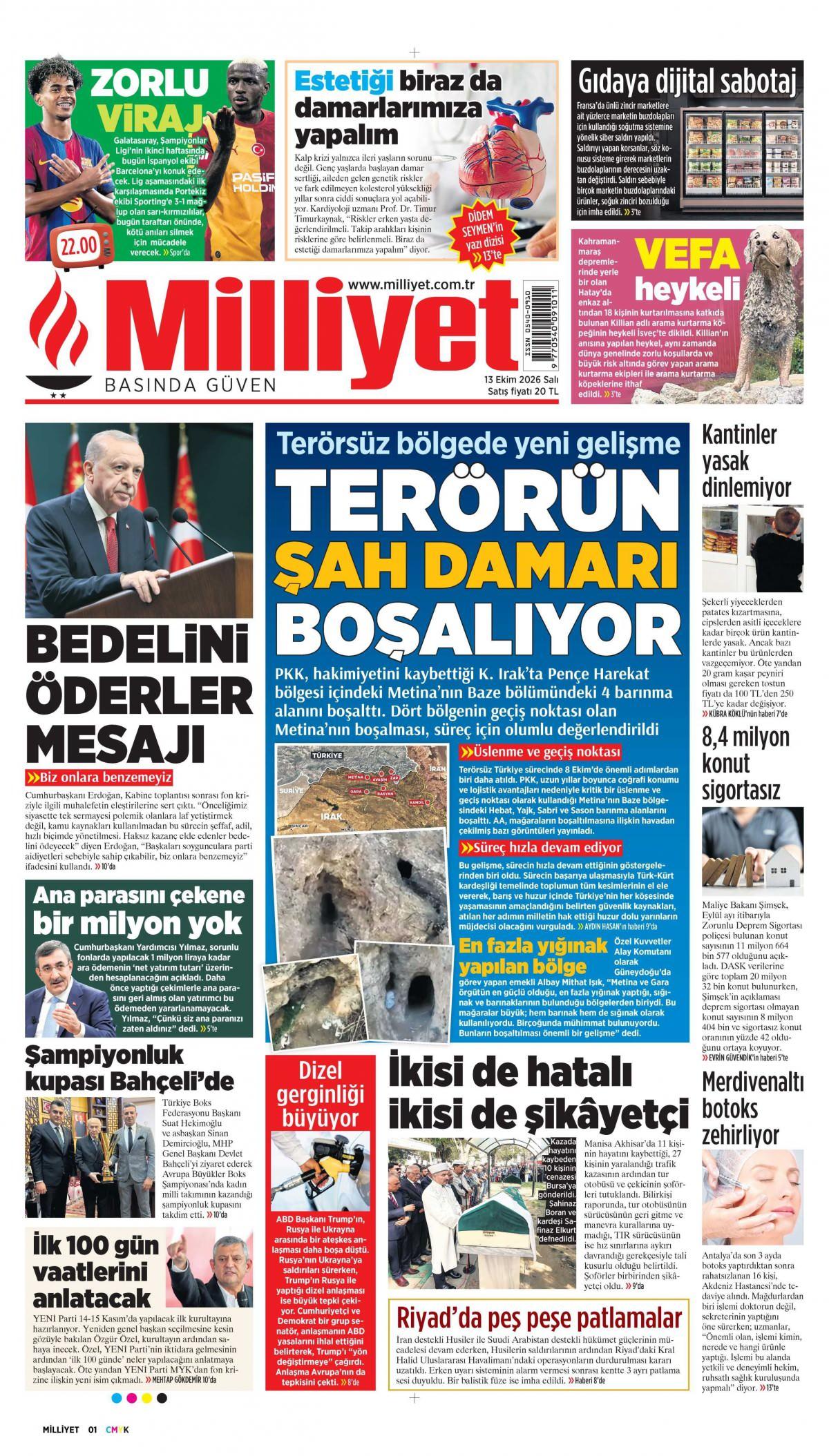 Milliyet Gazetesi 1. Sayfa Manşeti