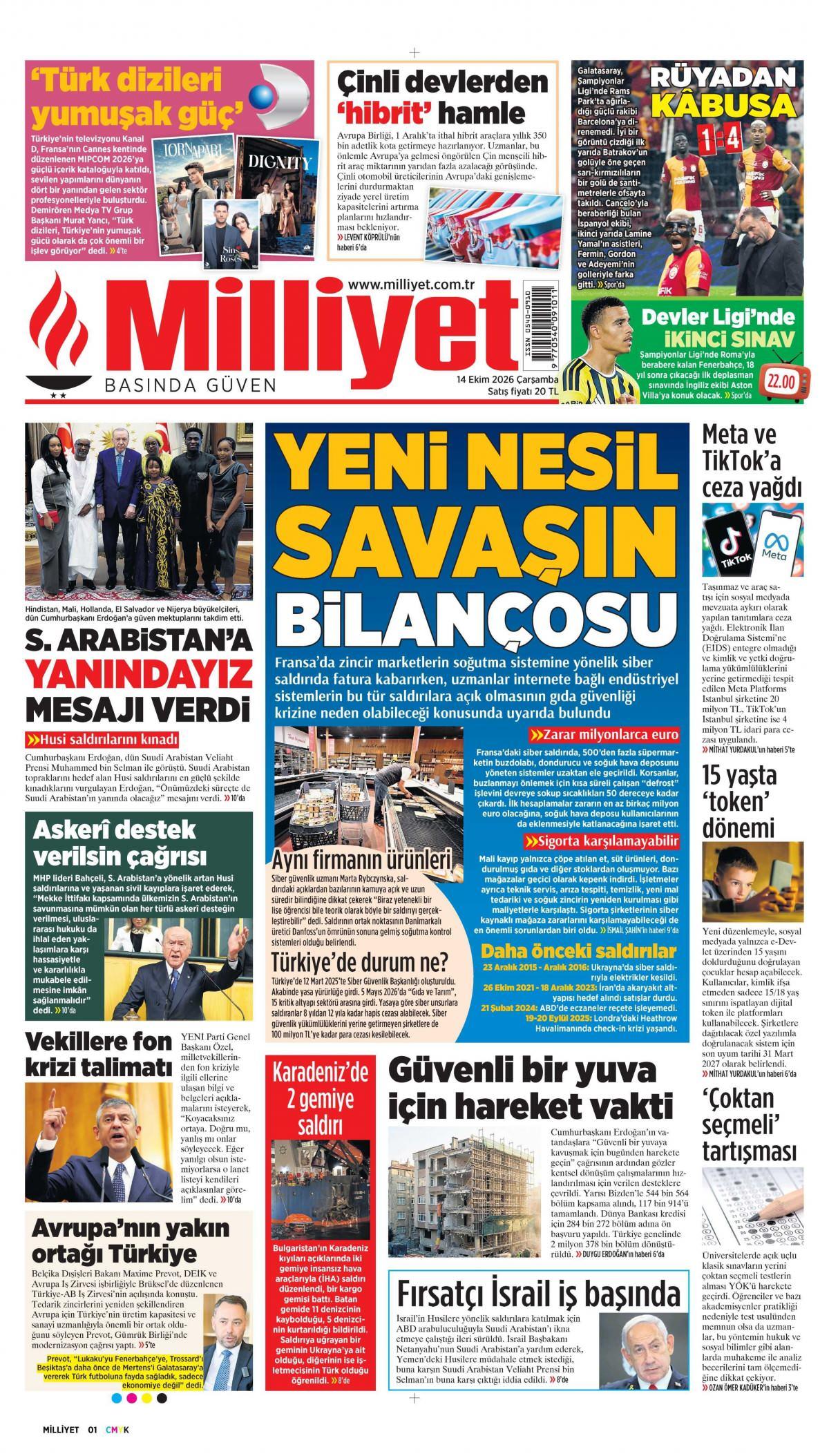 Milliyet Gazetesi 1. Sayfa Manşeti