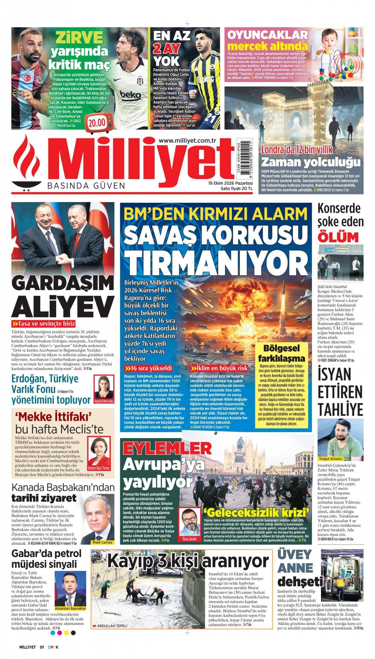 Milliyet Gazetesi 1. Sayfa Manşeti