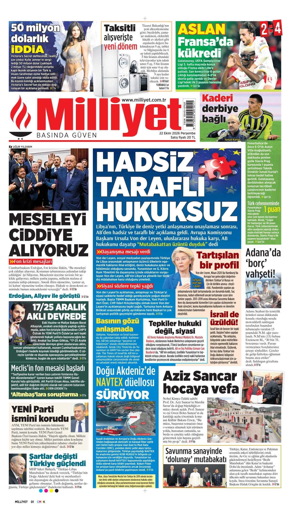 Milliyet Gazetesi 1. Sayfa Manşeti